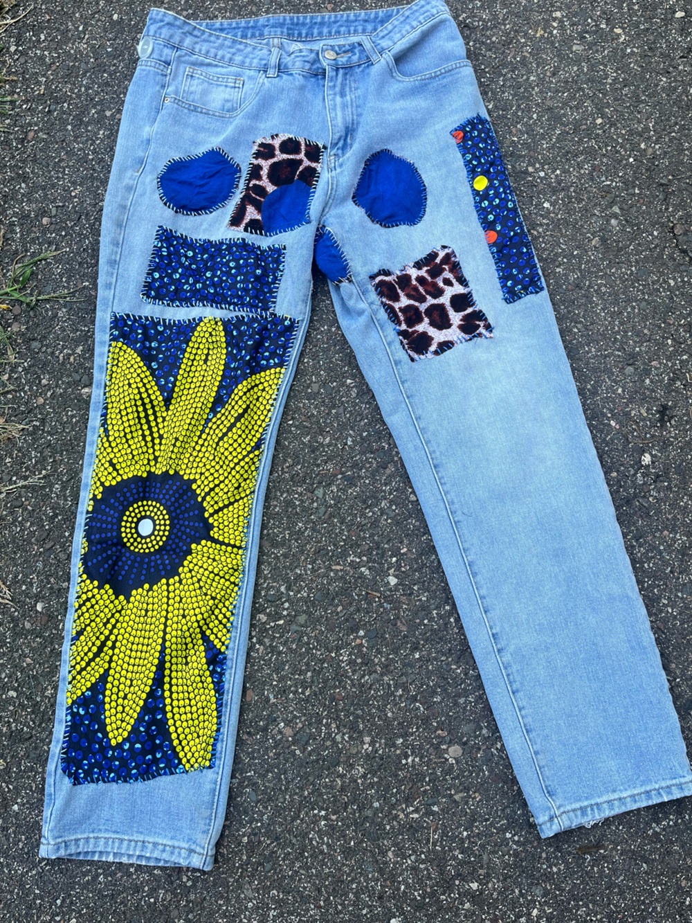 OOAK Reworked Sunflower Patchwork Jeans Ankara Leopard Button Light Wash